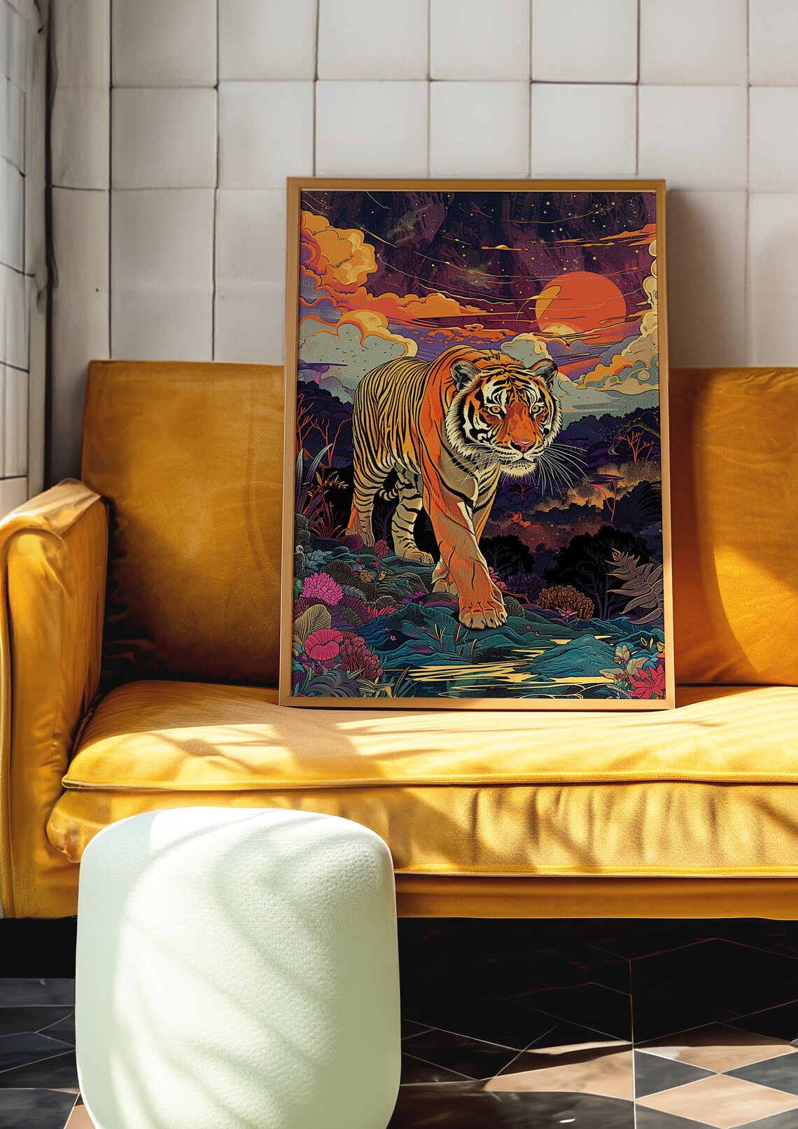 Majestic Tiger Walking Through Flowers at a Fiery Sunset Poster - Image 4