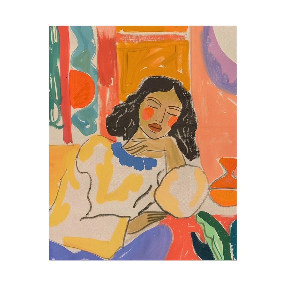 Fauvist Woman Portrait Resting Chin On Hand Colorful Art Print - Image 5