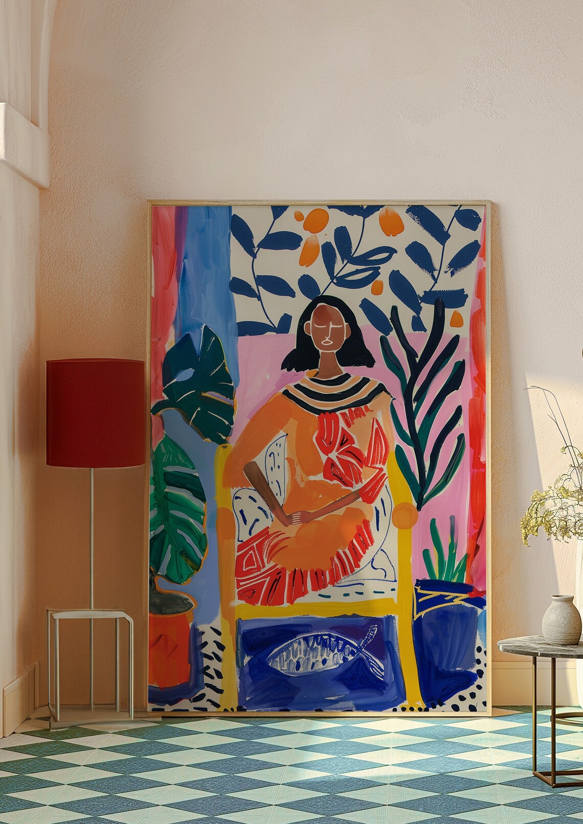 Seated Woman in Orange Dress With Plants Folk Art Portrait Poster - Image 7