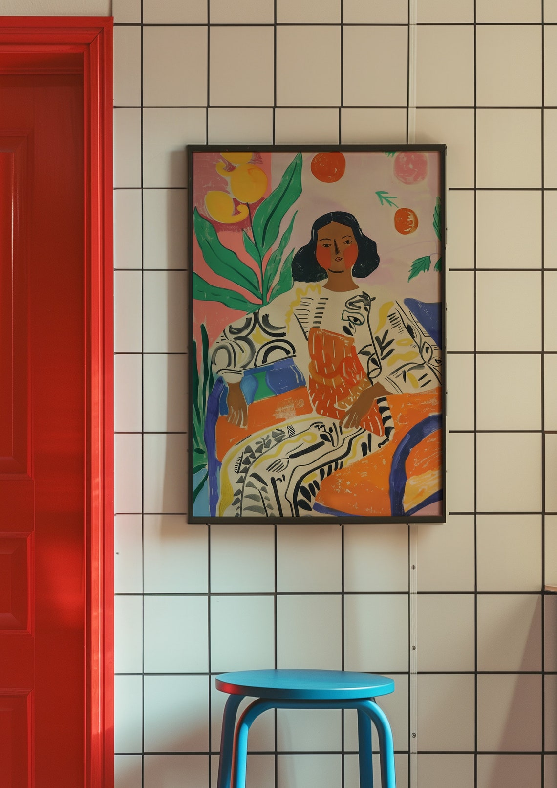Serene Woman in Patterned Robe Beneath Citrus Fruit Trees Poster - Image 5