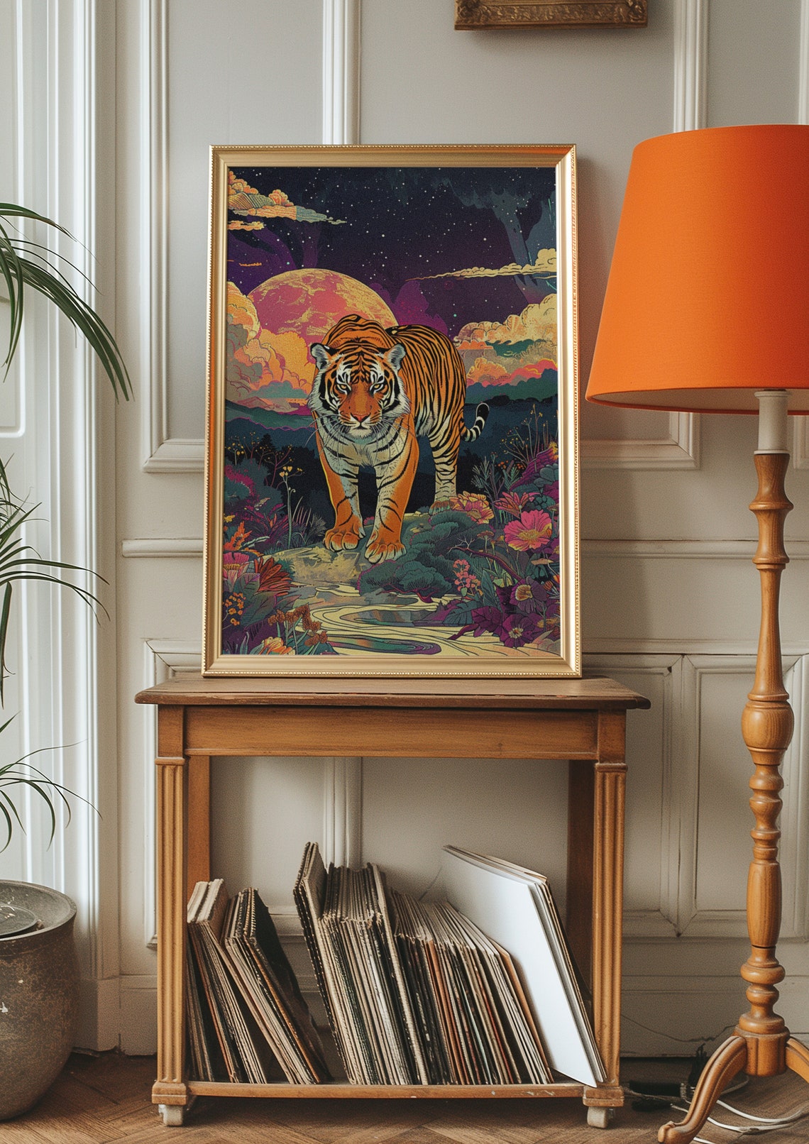 Majestic Tiger Beneath a Giant Red Sun in Starry Night Sky Poster - Image 4