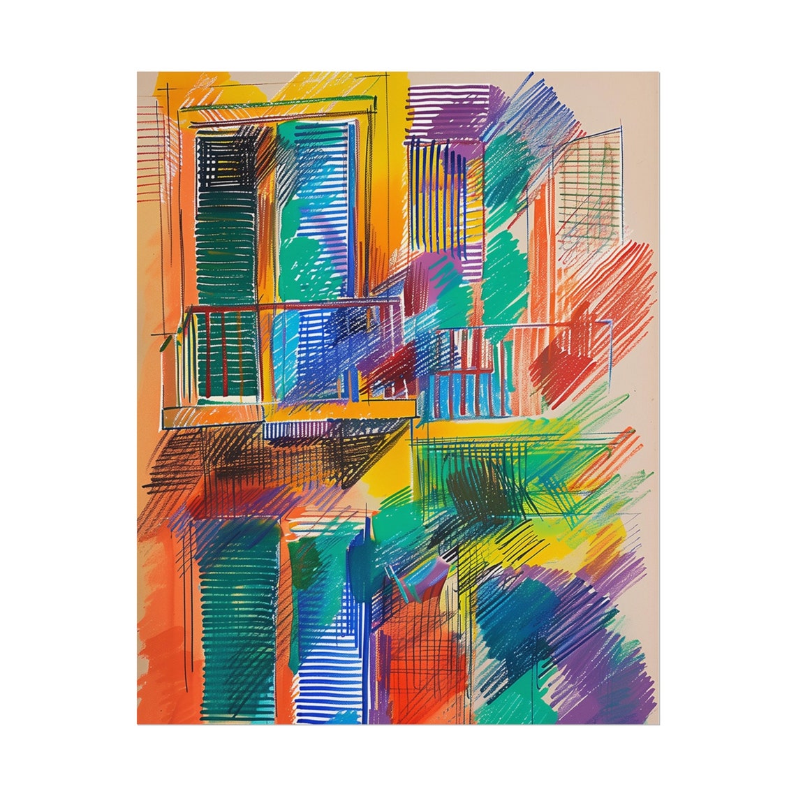 Expressive Colorful City Facade Sketch Urban Abstract Wall Art - Image 5