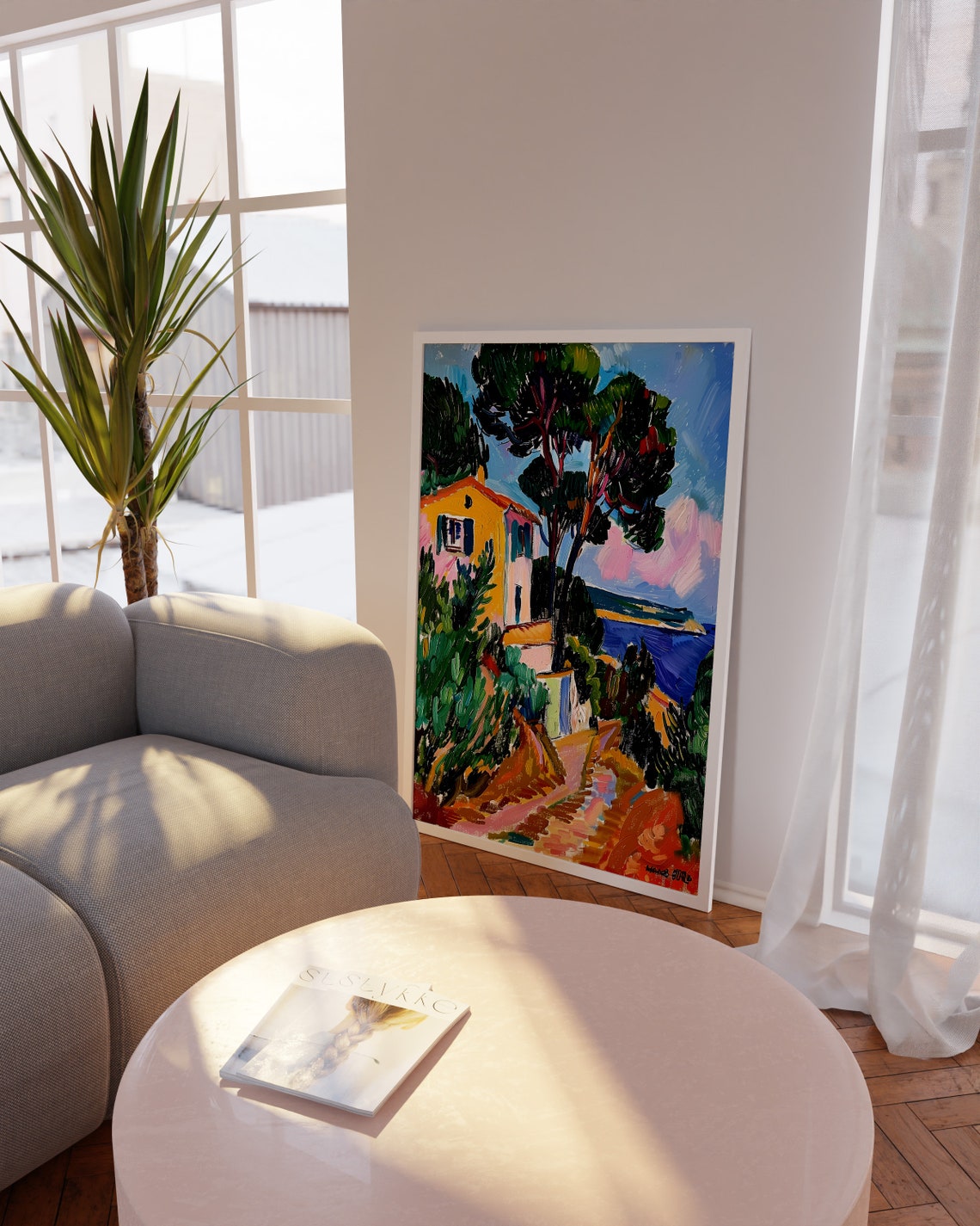 Charming Yellow Coastal House Among Pines on a Sunny Path Poster - Image 8