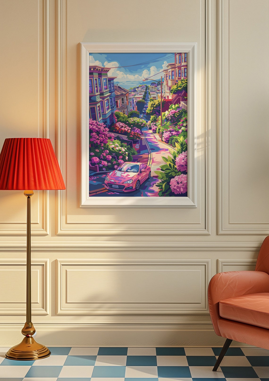 Joyful Hilly City Street with a Pink Car and Blooming Flowers Poster - Image 6