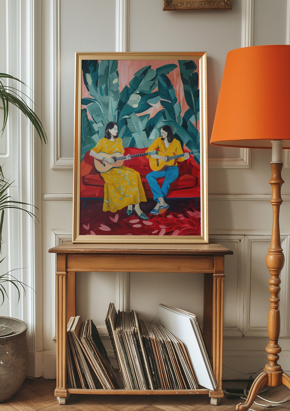 Two Women Playing Guitars Red Sofa Botanical Music Art Print - Image 2