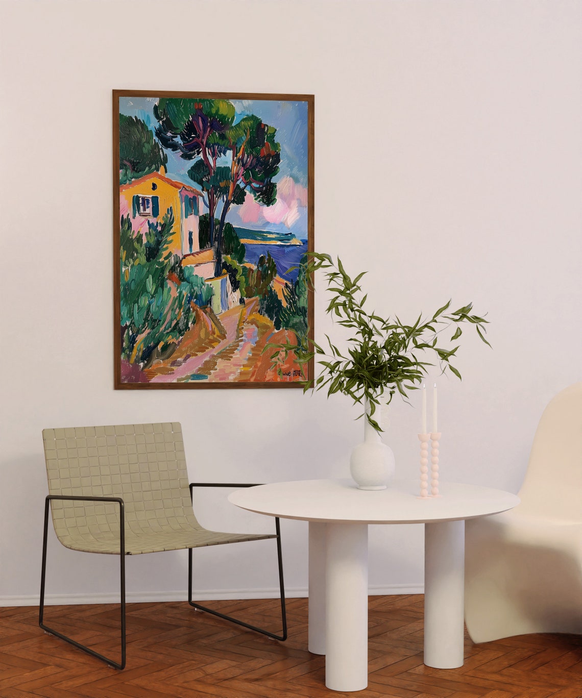 Charming Yellow Coastal House Among Pines on a Sunny Path Poster - Image 5