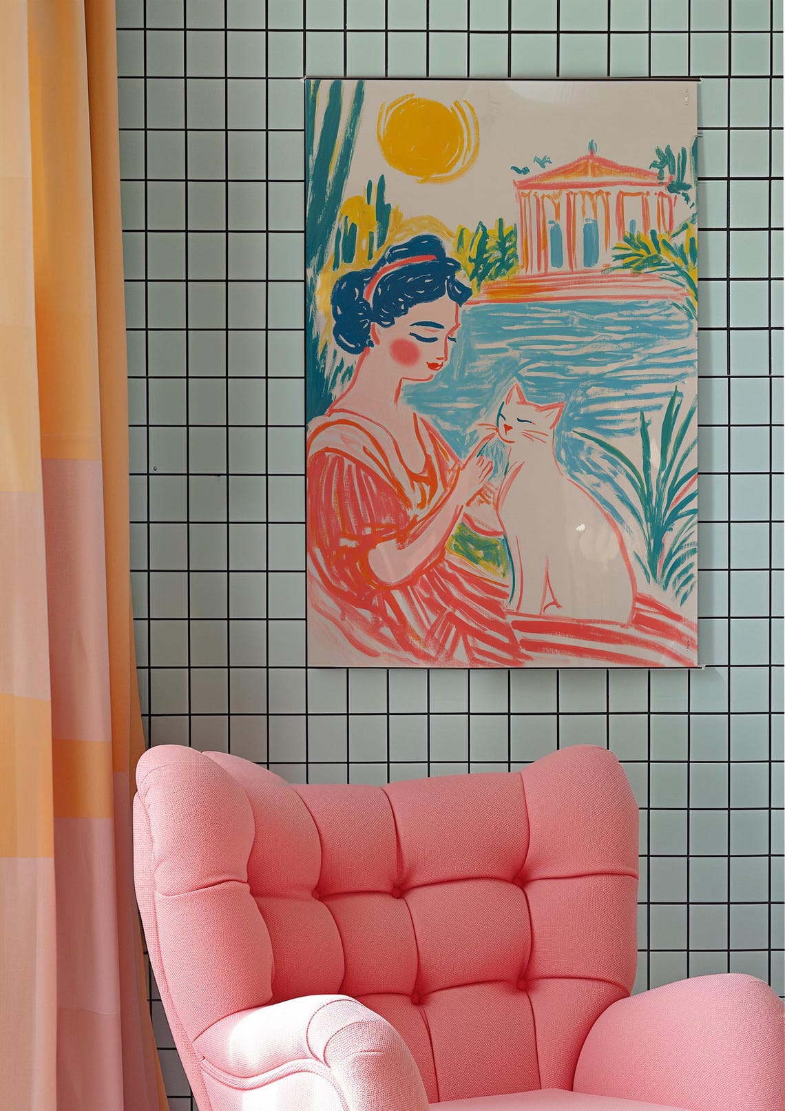 Woman With White Cat by Mediterranean Temple Sunny Illustration Poster - Image 5