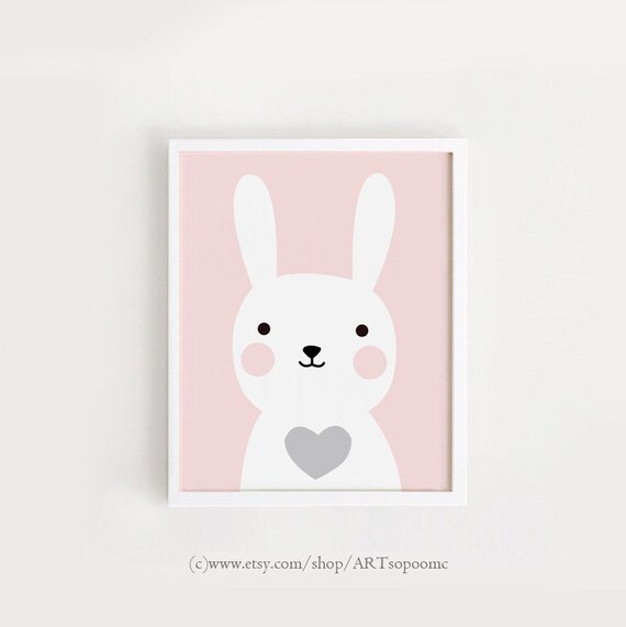 Baby Pink Bunny Nursery Print Cute Rabbit Kids Wall Decor Art