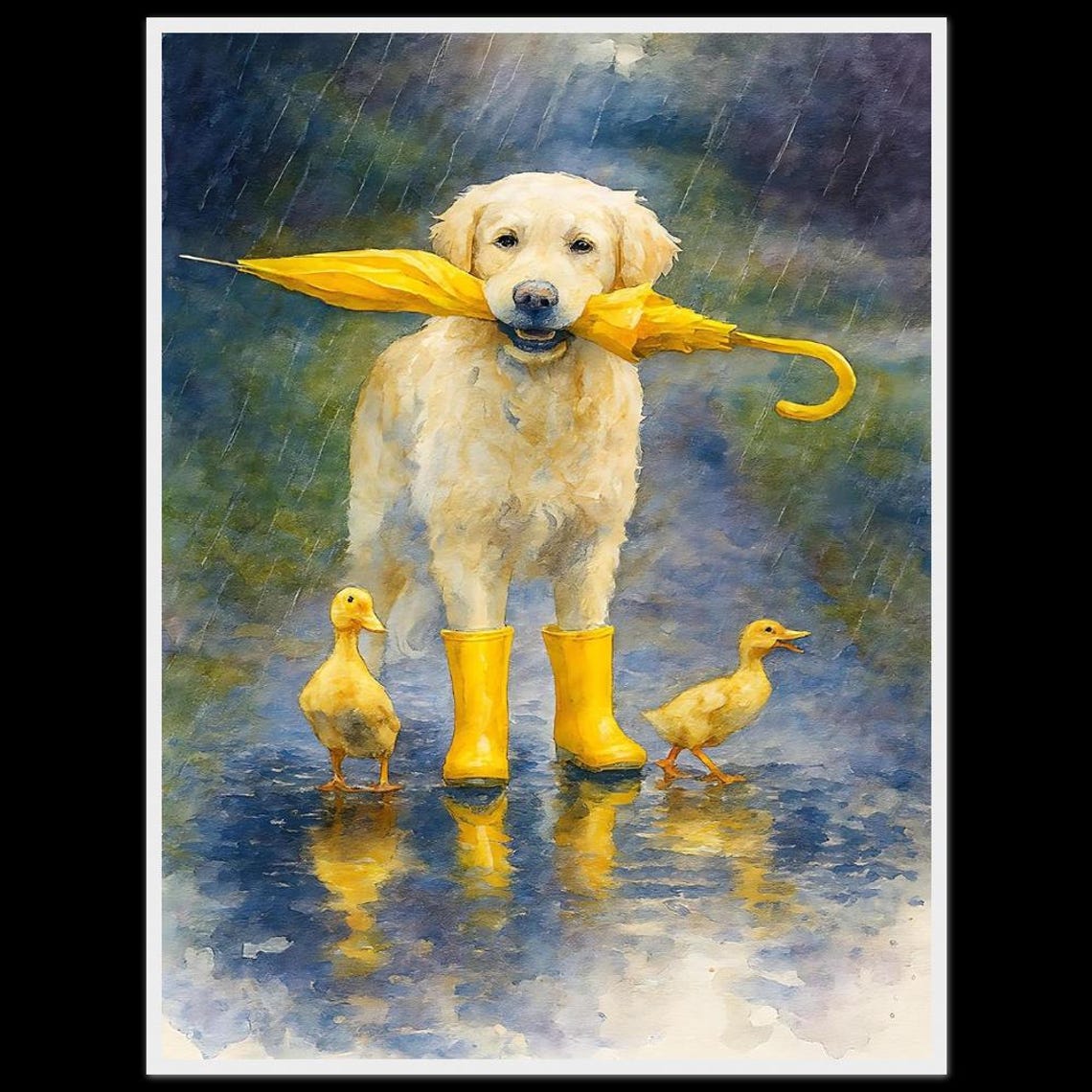 Golden Retriever Rain Boots Umbrella Ducklings Watercolor Poster