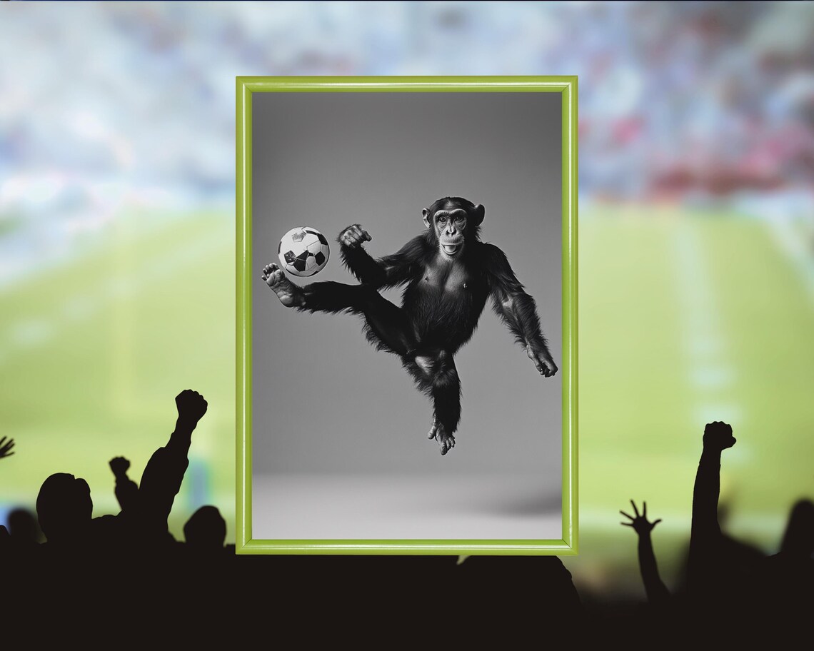 Chimpanzee Kicking a Soccer Ball Mid Air Funny Sports Black and White Poster
