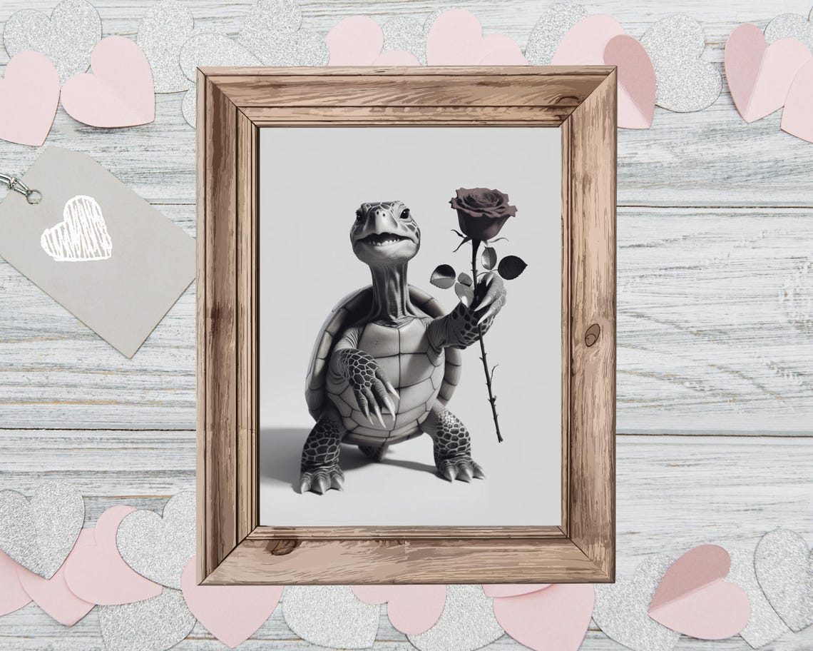 Smiling Turtle Holding a Red Rose Valentine Black and White Poster