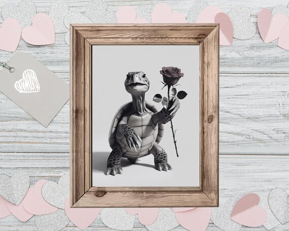 Smiling Turtle Holding a Red Rose Valentine Black and White Poster