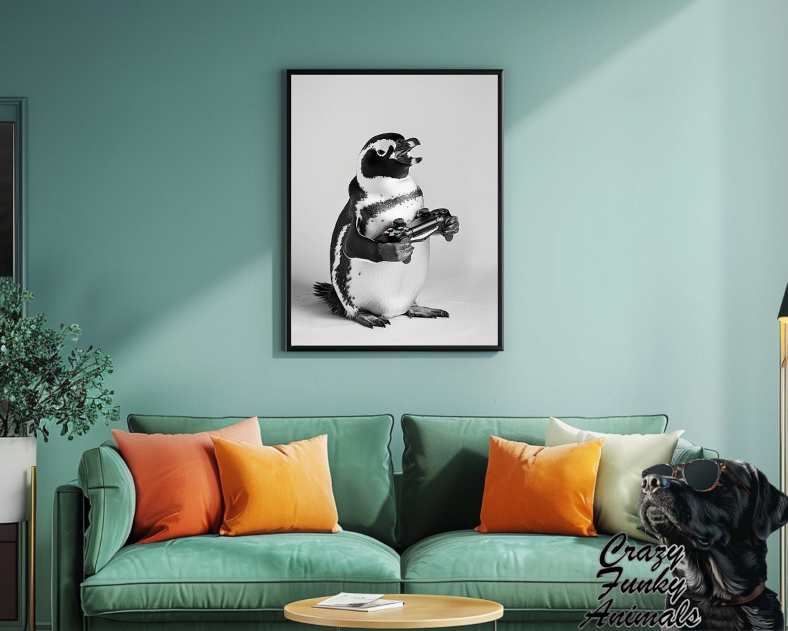 Cheerful Penguin Gamer Holding a Game Controller Funny Poster - Image 2