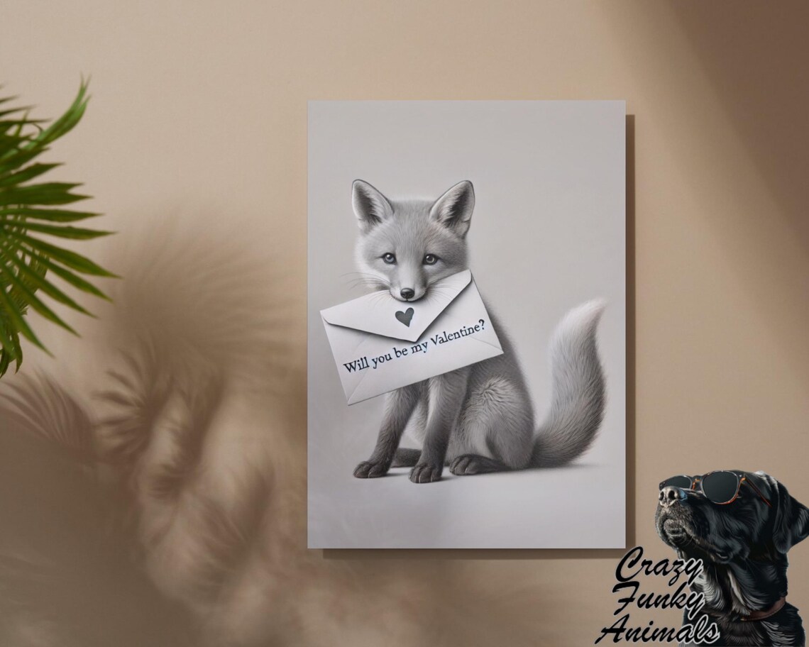 Fox Kit Holding a Will You Be My Valentine Love Letter Funny Poster - Image 2