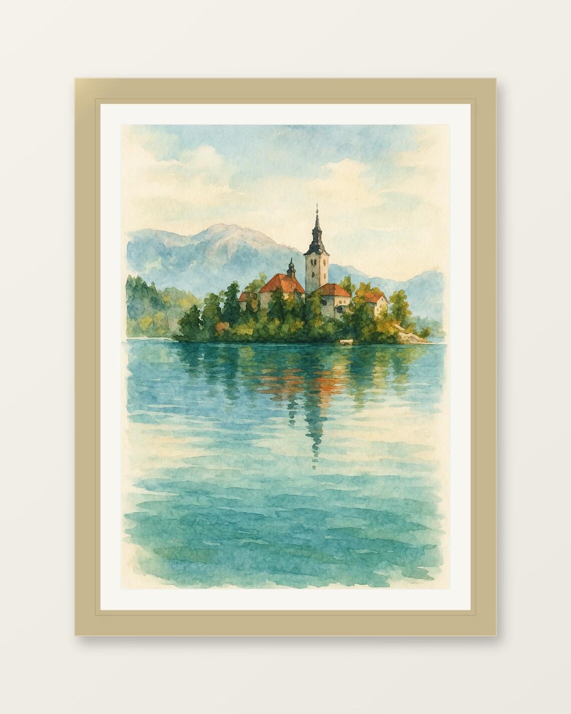 Lake Bled Slovenia Island Church Watercolor Poster Mountain Lake