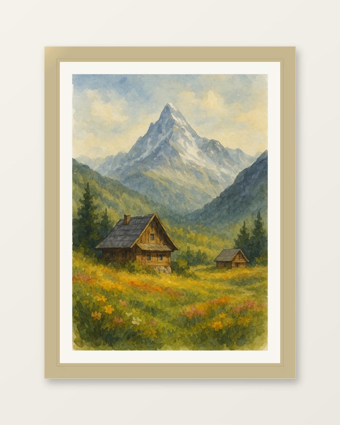 Tatra Mountains Poland Watercolor Cabin Wildflower Meadow Poster
