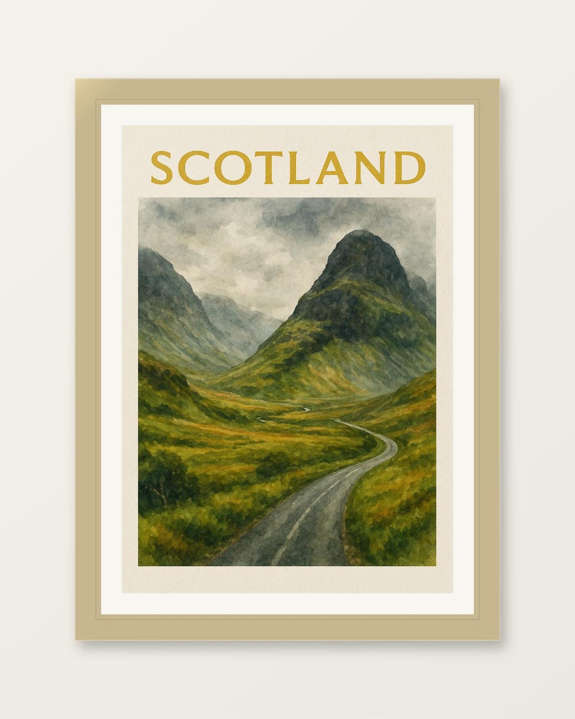 Scotland Misty Highland Valley Watercolor Road Mountain Poster