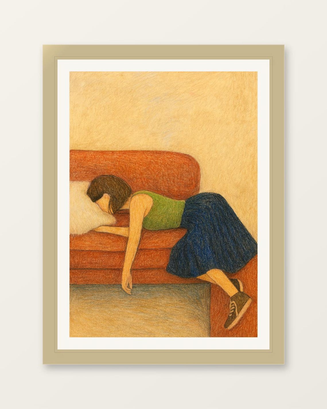 Tired Woman Face Down on Rust Sofa Warm Cozy Illustration Poster