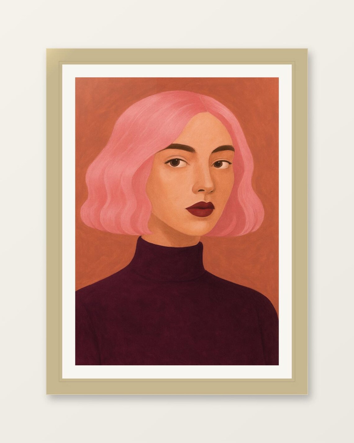 Pink Hair Woman Portrait Terracotta Modern Feminine Art Poster