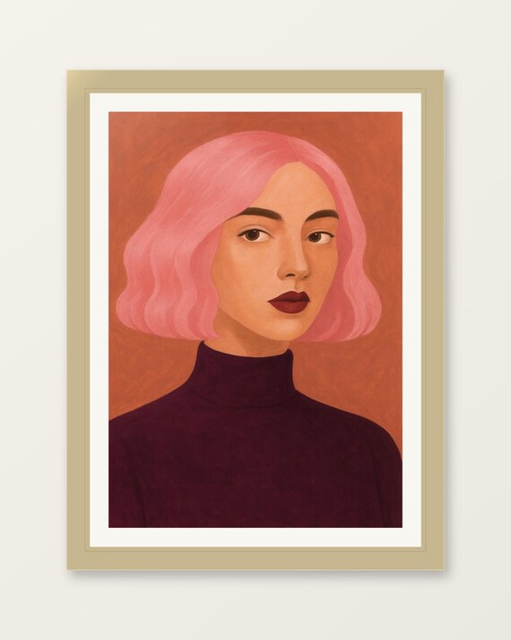 Pink Hair Woman Portrait Terracotta Modern Feminine Art Poster