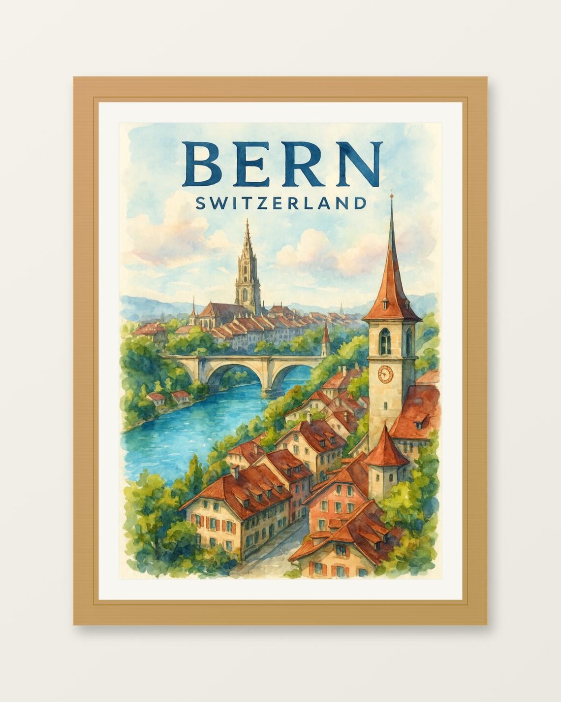 Bern Switzerland Old Town River Watercolor City Travel Poster