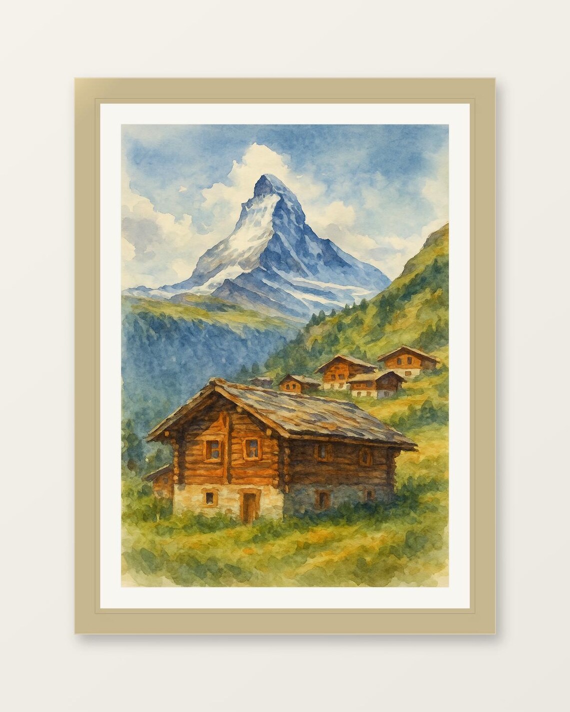 Matterhorn Zermatt Watercolor Chalet Peak Alpine Village Poster