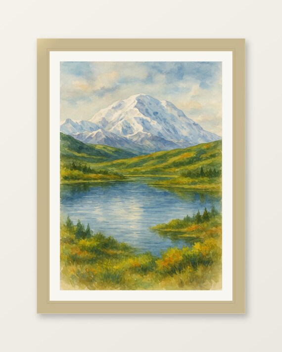 Snowcapped Mountain Lake Watercolor Landscape Painting Print
