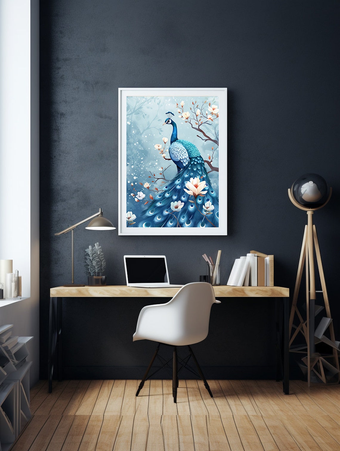 Blue Peacock Perched Among White Blossoms on a Winter Branch Poster - Image 5