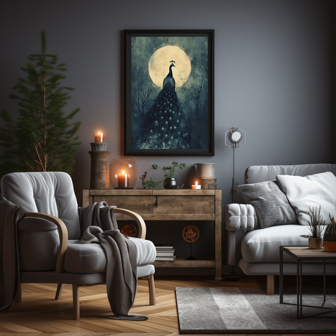 Dark Peacock Silhouette Standing Beneath a Glowing Full Moon Poster - Image 6