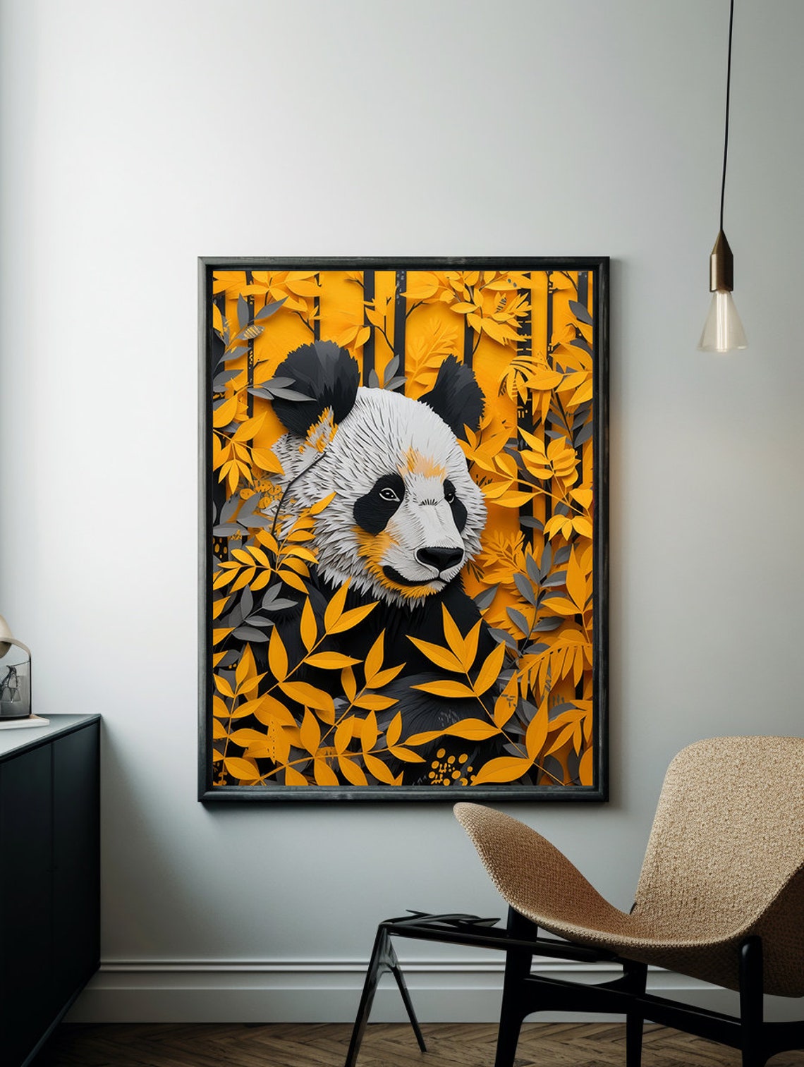 Paper Cut Panda Hiding Among Golden Yellow Autumn Foliage Poster - Image 4