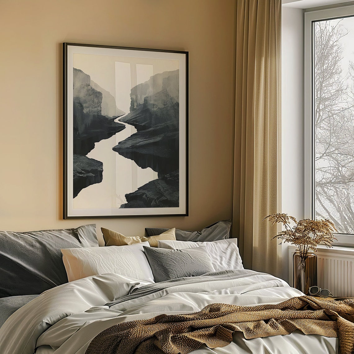 Winding River Flowing Through Dark Cliffs in Ink Wash Poster - Image 2