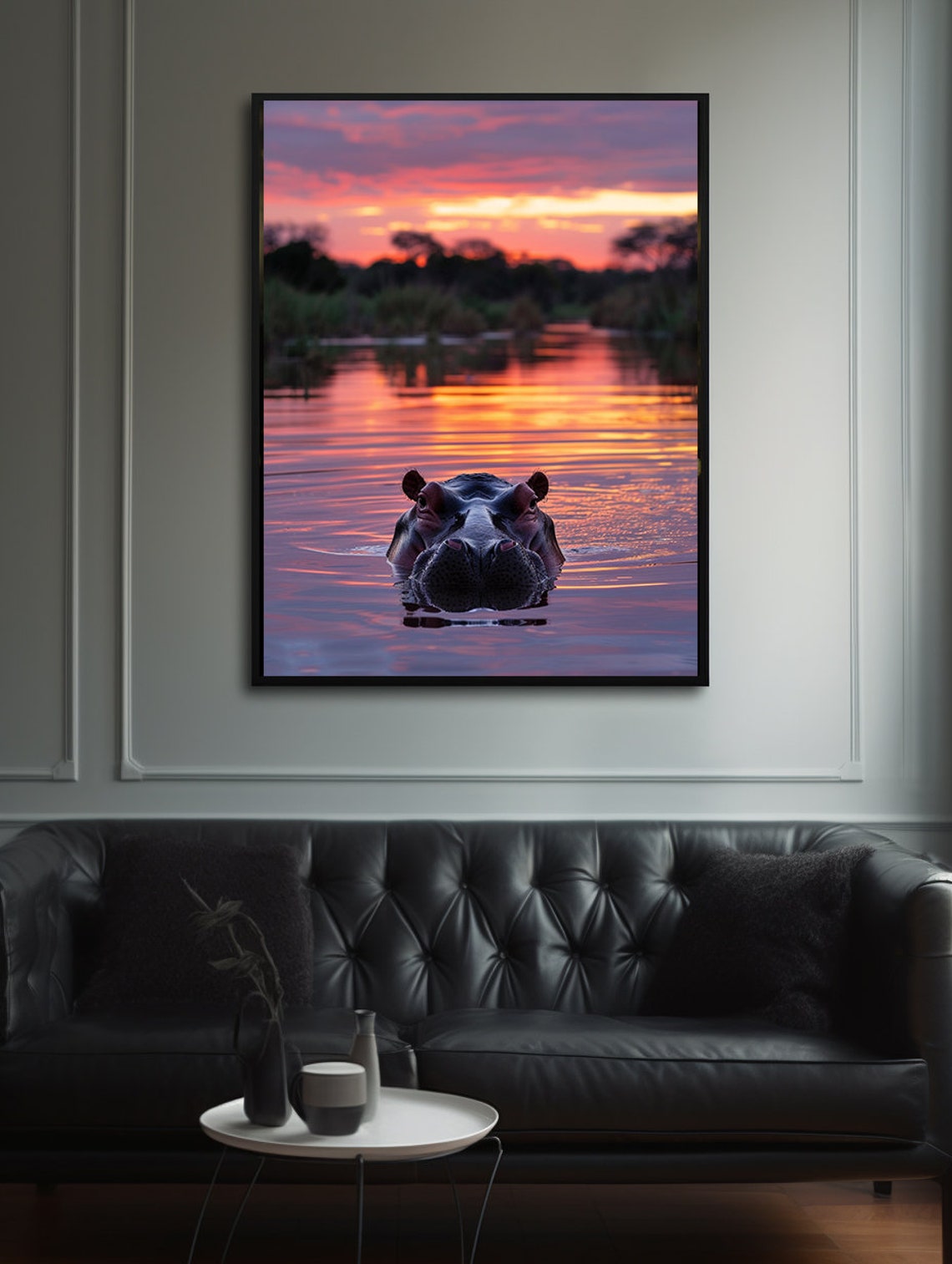Lone Hippo Rising at a Pink Purple Sunset Over Still Water Poster - Image 6