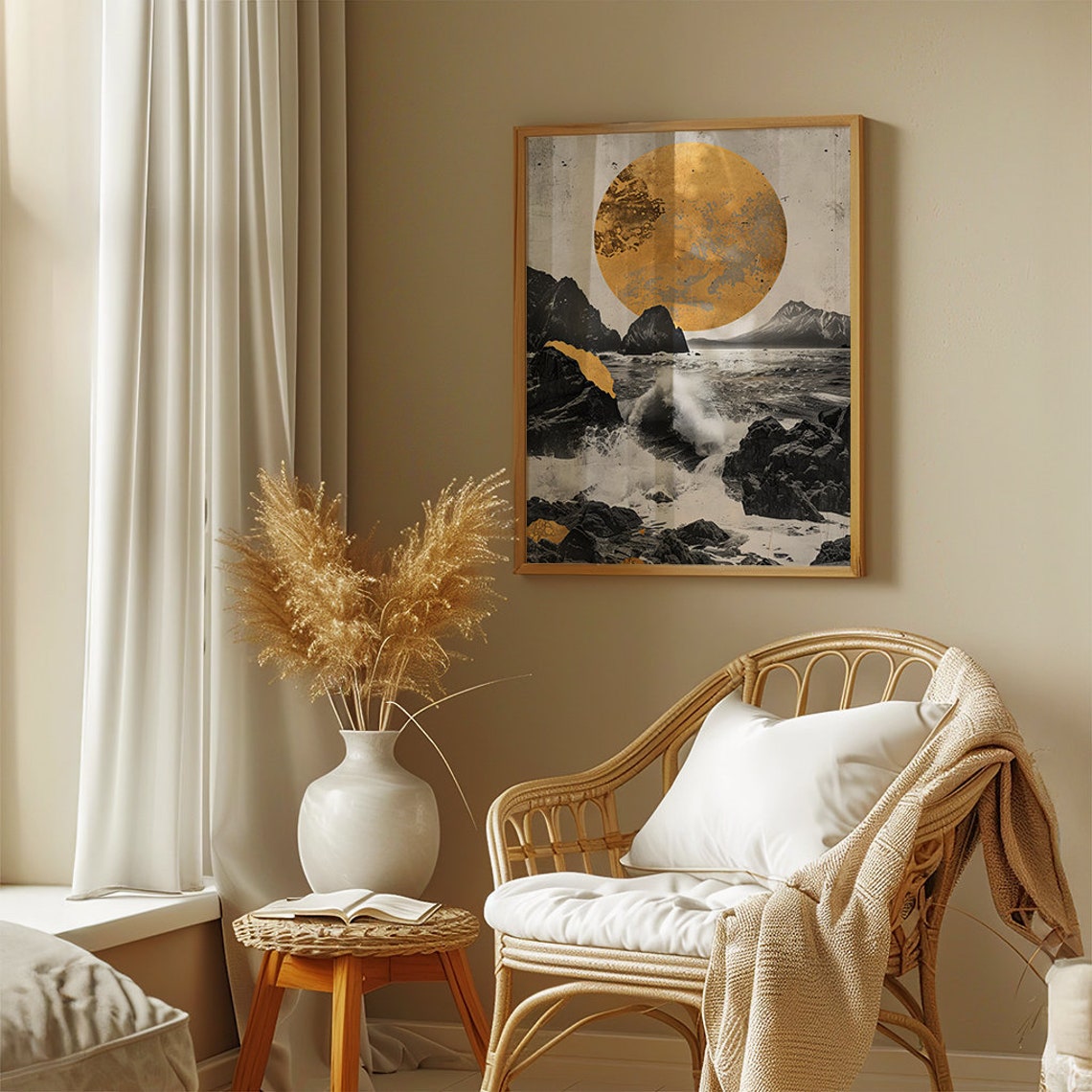 Golden Moon Rising Above Stormy Black Sea Rocks Wabi Sabi Poster - Image 4