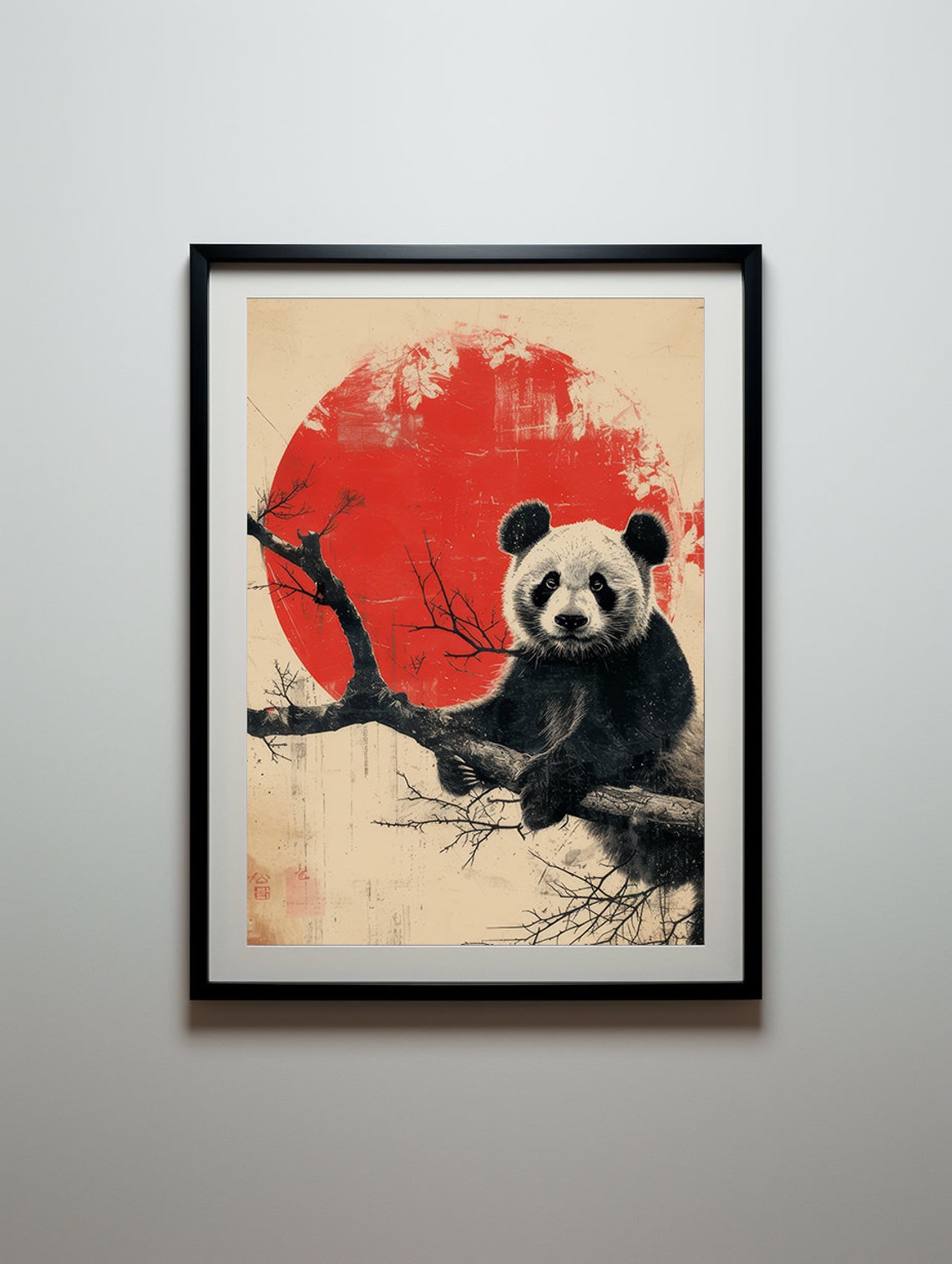Panda Resting on a Tree Branch Beneath a Bold Red Sun Poster - Image 4