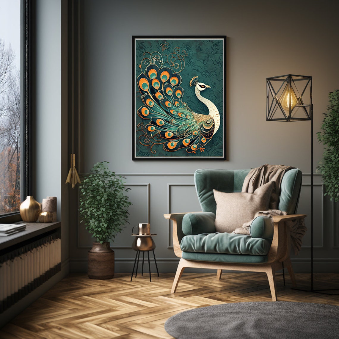 White Peacock With an Ornate Golden Tail on Patterned Teal Poster