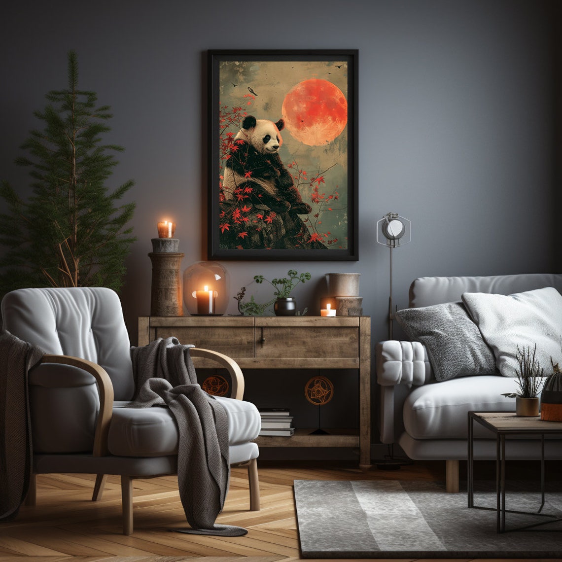 Panda Sitting on a Rocky Perch Beneath a Giant Glowing Red Moon Poster - Image 5