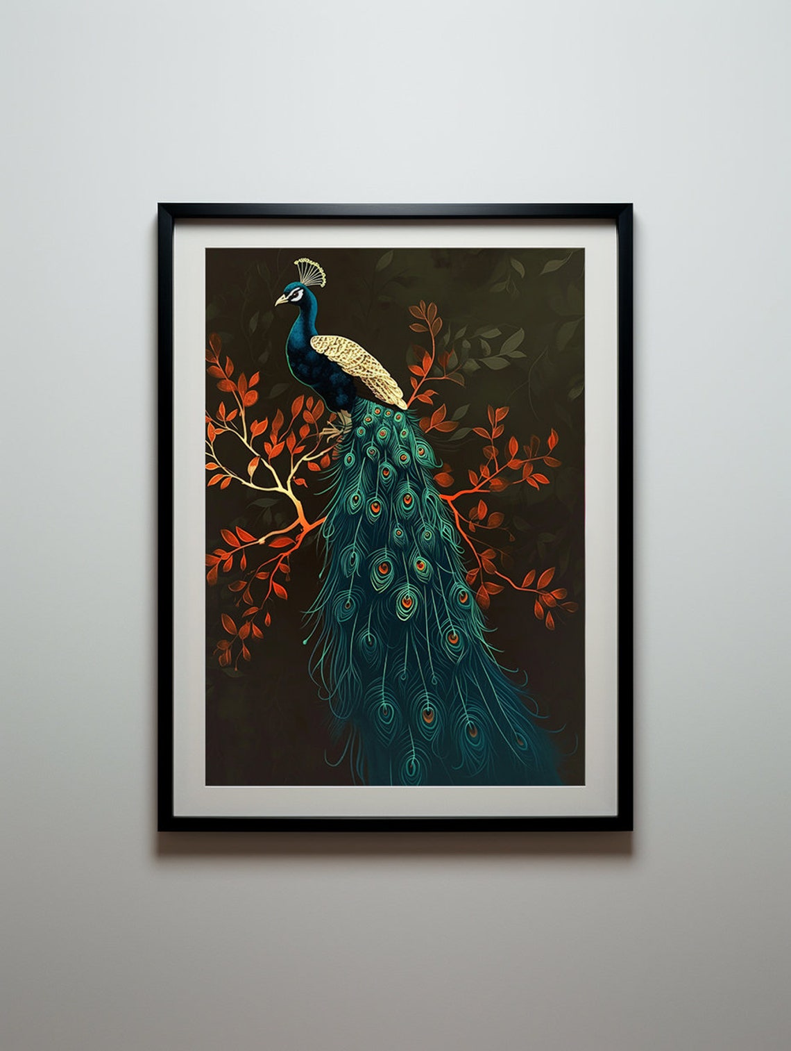 Teal Peacock Perched on a Scarlet Branch Against the Dark Poster - Image 7