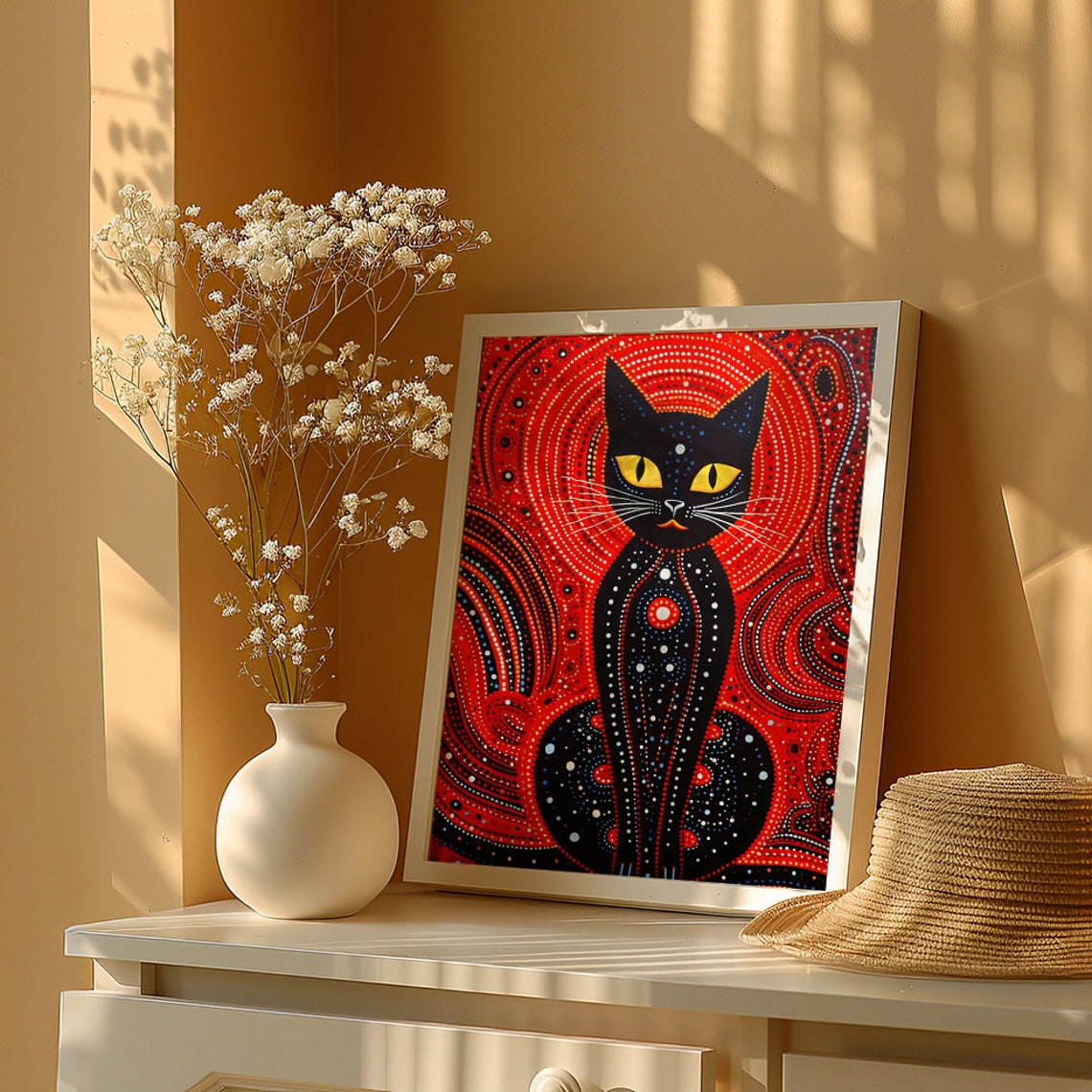 Black Cat on a Red Aboriginal Dot Painting Background Poster - Image 5