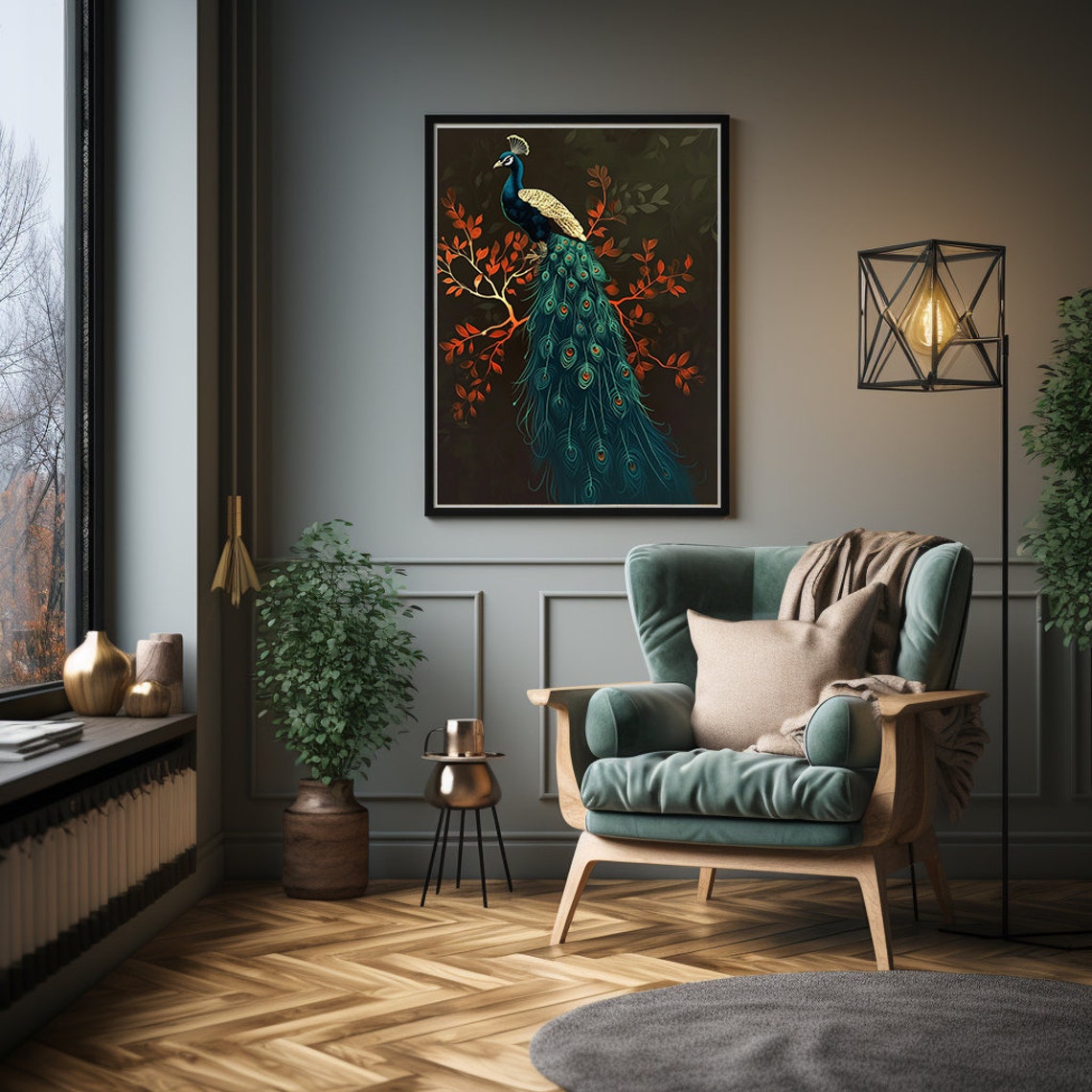 Teal Peacock Perched on a Scarlet Branch Against the Dark Poster - Image 3