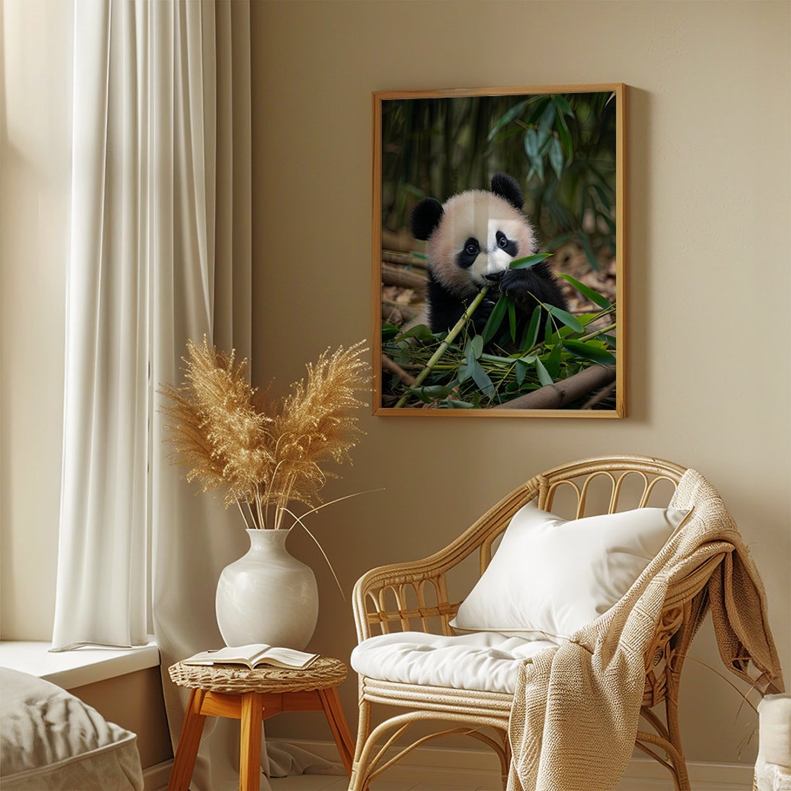 Baby Panda Cub Eating Bamboo Shoots in a Green Forest Poster - Image 3