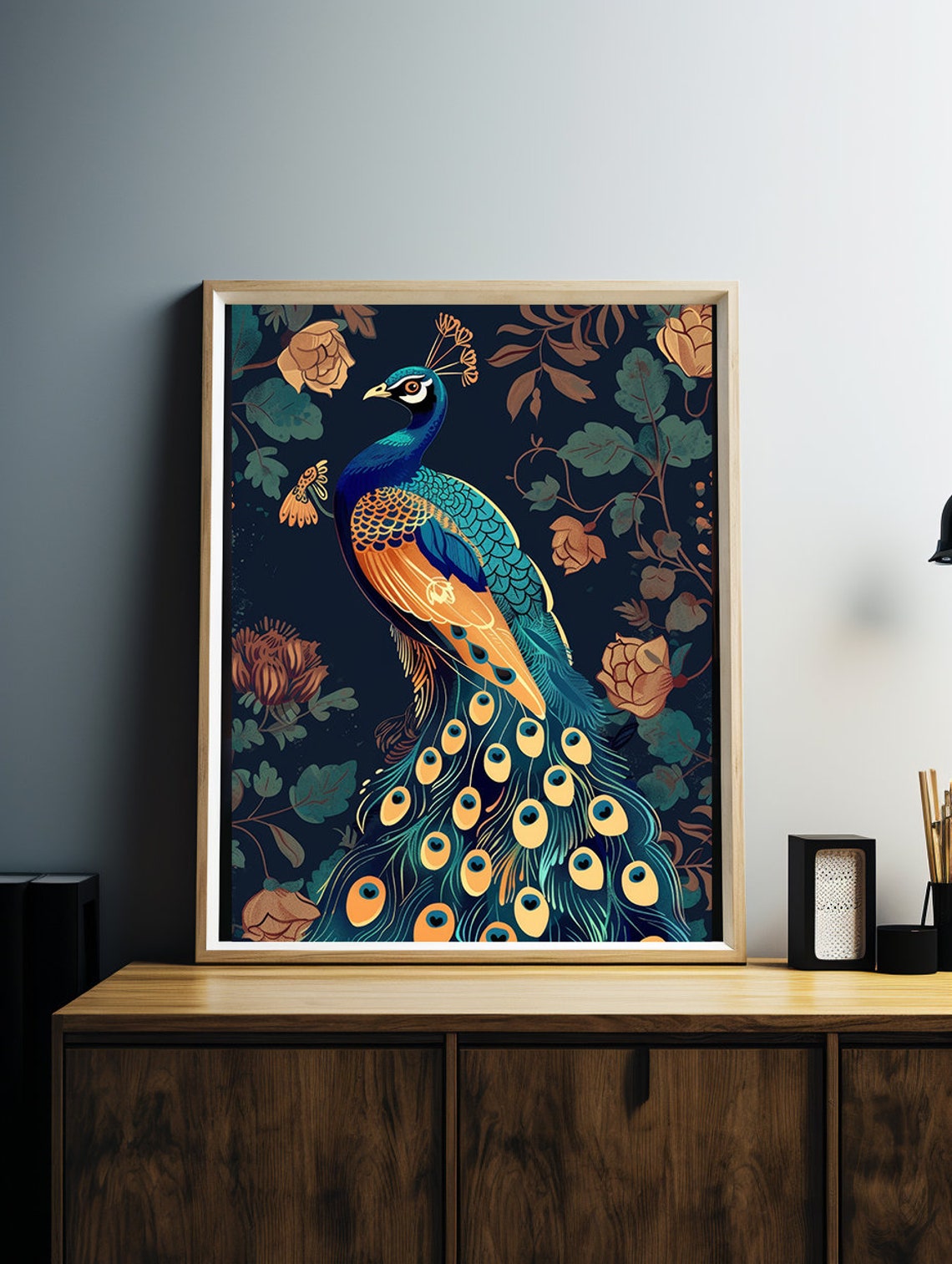 Blue and Orange Peacock Standing in a Lush Botanical Garden Poster - Image 3