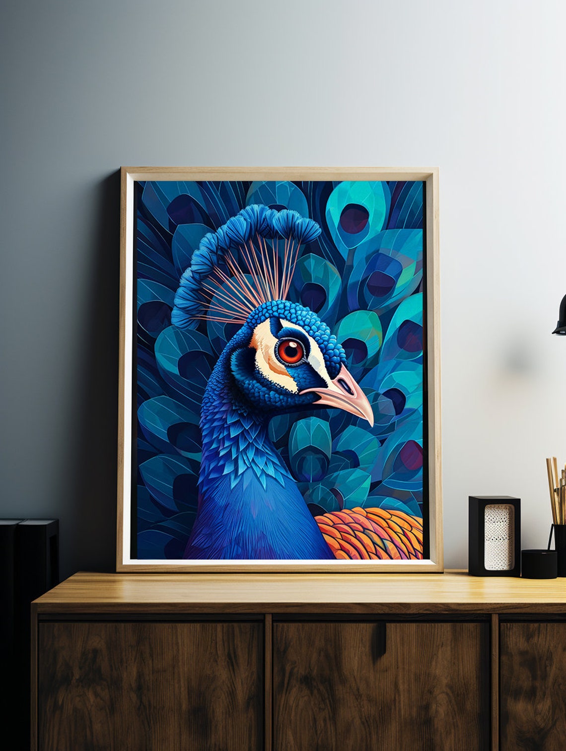 Vivid Blue Peacock Head in Striking Close-Up Portrait Poster - Image 3
