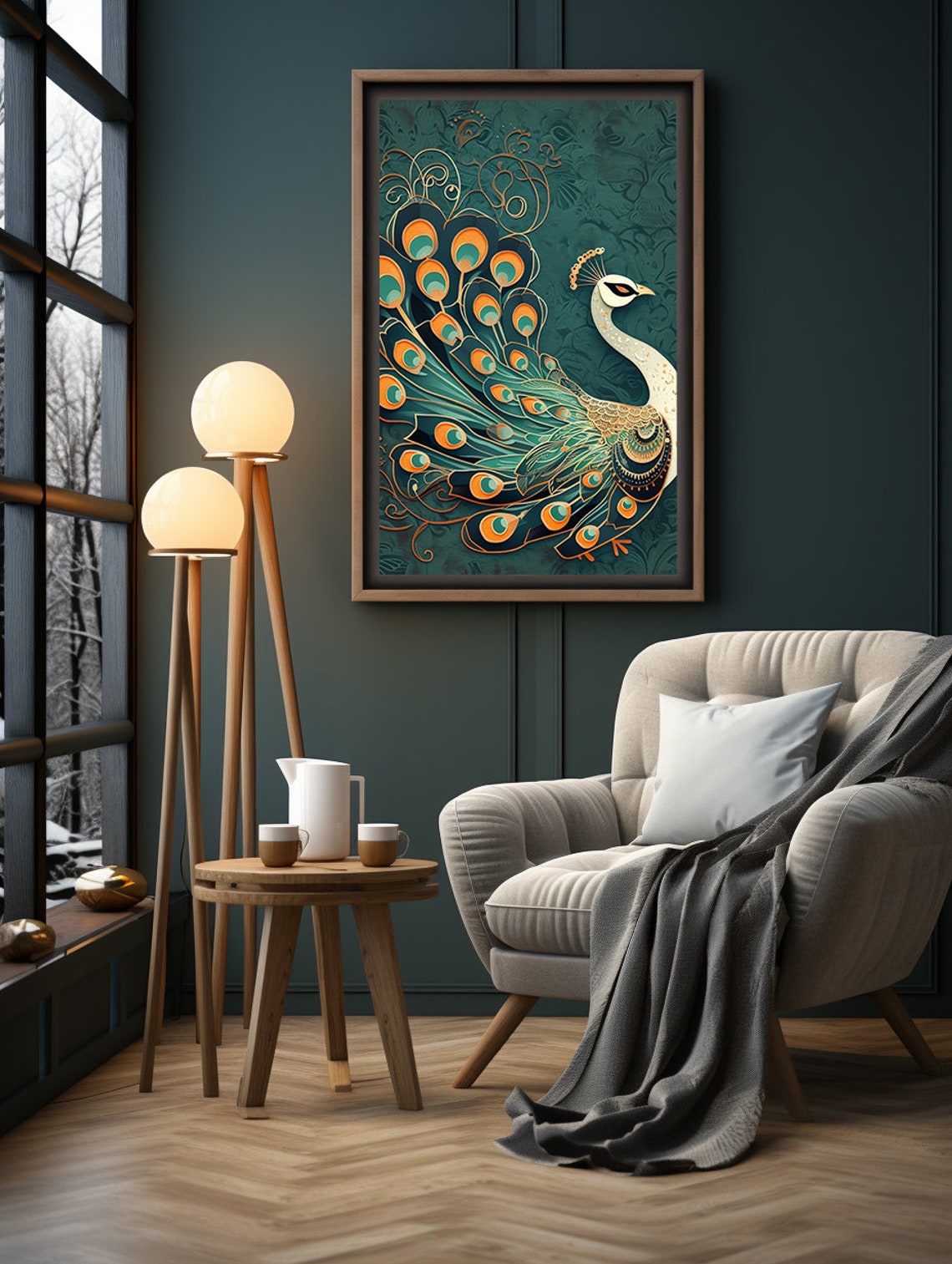 White Peacock With an Ornate Golden Tail on Patterned Teal Poster - Image 4