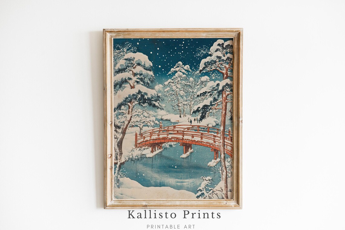 Japanese Winter Night Red Bridge Poster Snowy Woodblock Landscape Art