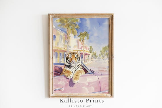 Retro Tiger Art Print Miami Beach Vintage Animal Poster Cool Wildlife Wall Pink Car Instant 903