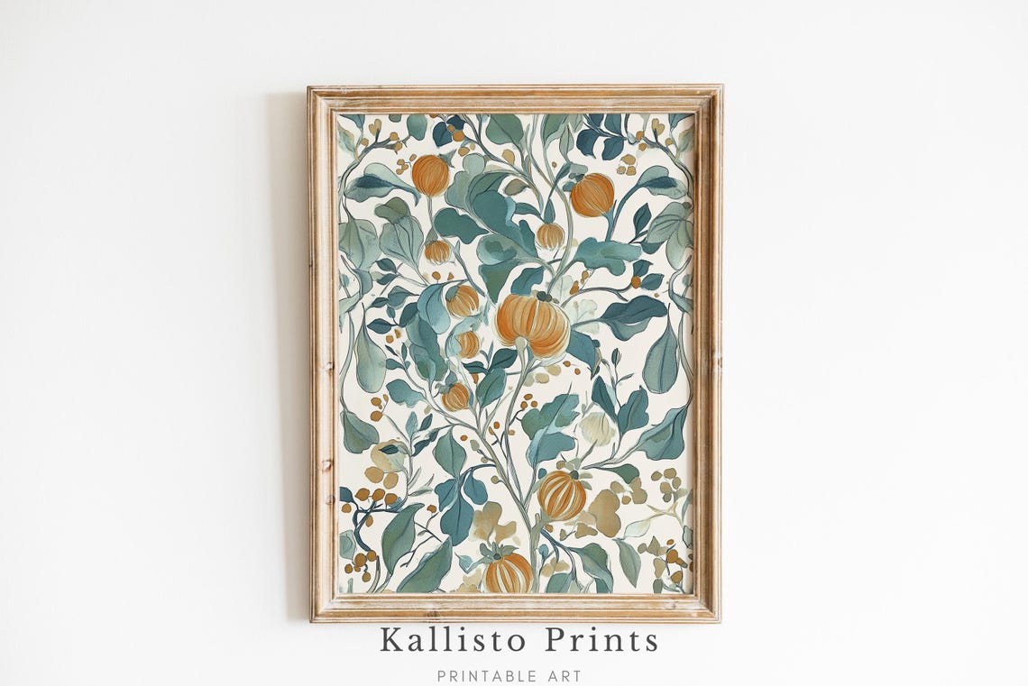 Watercolor Pumpkin Vines Teal Leaves Autumn Botanical Wall Art