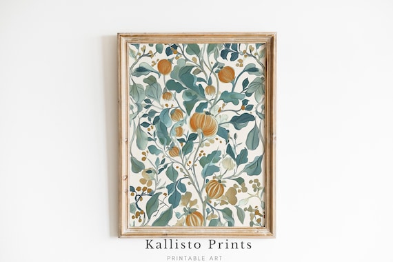 Watercolor Pumpkin Vines Teal Leaves Autumn Botanical Wall Art