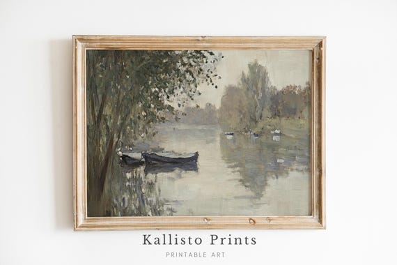 Serene Boats On A Tranquil River Print Peaceful Landscape Wall Art Rustic Farmhouse Decor Download816