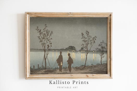 Vintage Japanese Night Scene Print Tranquil Lakeside Art Asian Landscape Wall Antique Illustration Art95