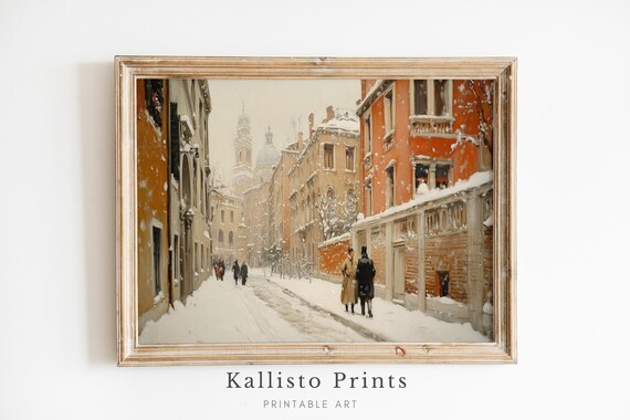 Snowy European Street Winter City Orange Buildings Painting Poster